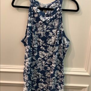 Fortune + Ivy Sleeveless Halter Tank Blue & White Stretchy Floral Top Size XXL